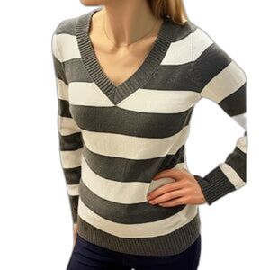 Gap Grey & White Stripe Wool Blend Knit V Neck Sweater XS